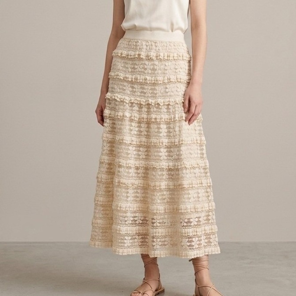 Max Studio Tiered Maxi Skirt Cream Floral Lace Pull-on A-line Ivory Boho Chic M
